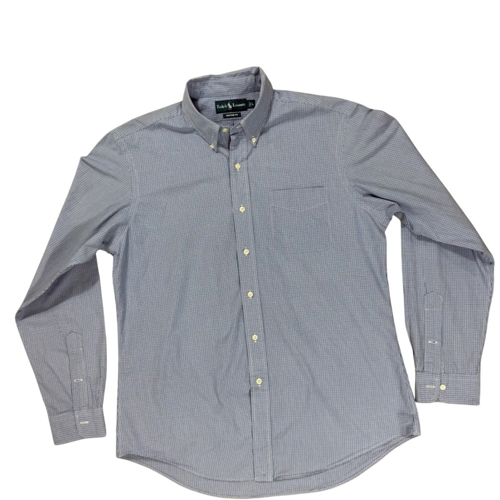 L Vintage Ralph Lauren Mens‎ Blue Gingham Check Custom Fit Button Down
